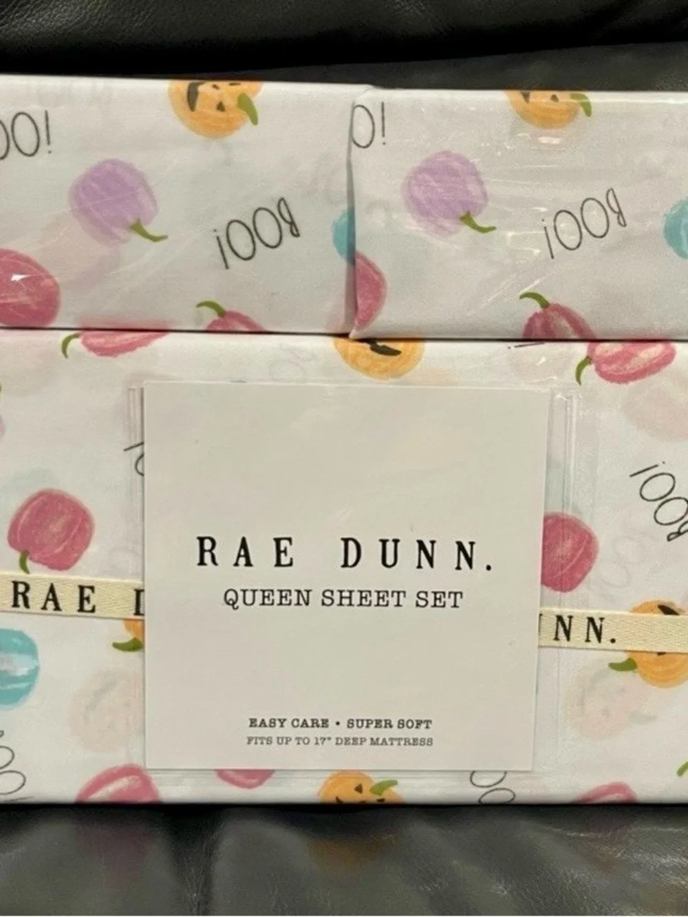 Rae Dunn Queen Sheet Set in White with Orange Pumpkin Print